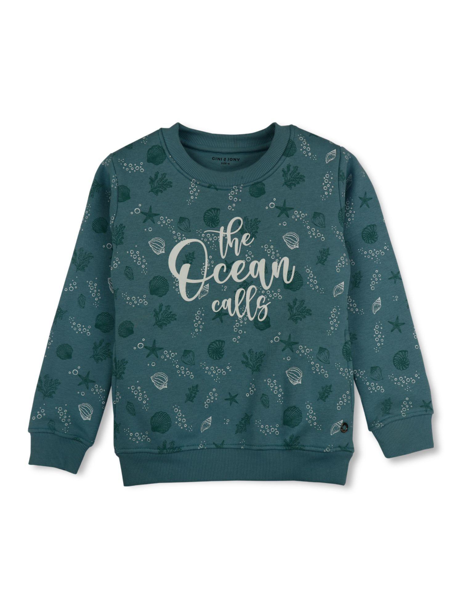 girls green fleece full sleeves printed sweatshirt