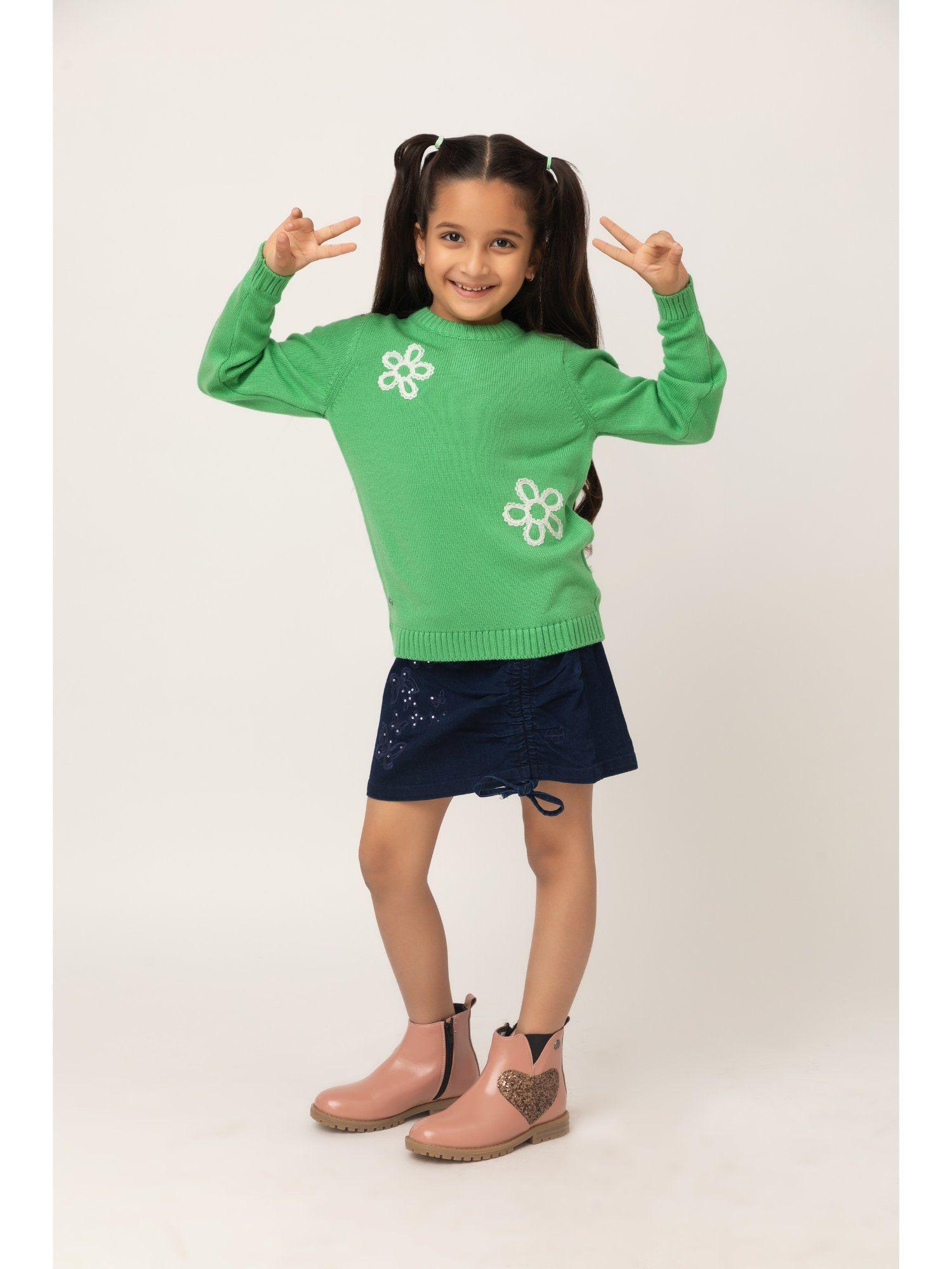 girls green floral full sleeves round neck sweater
