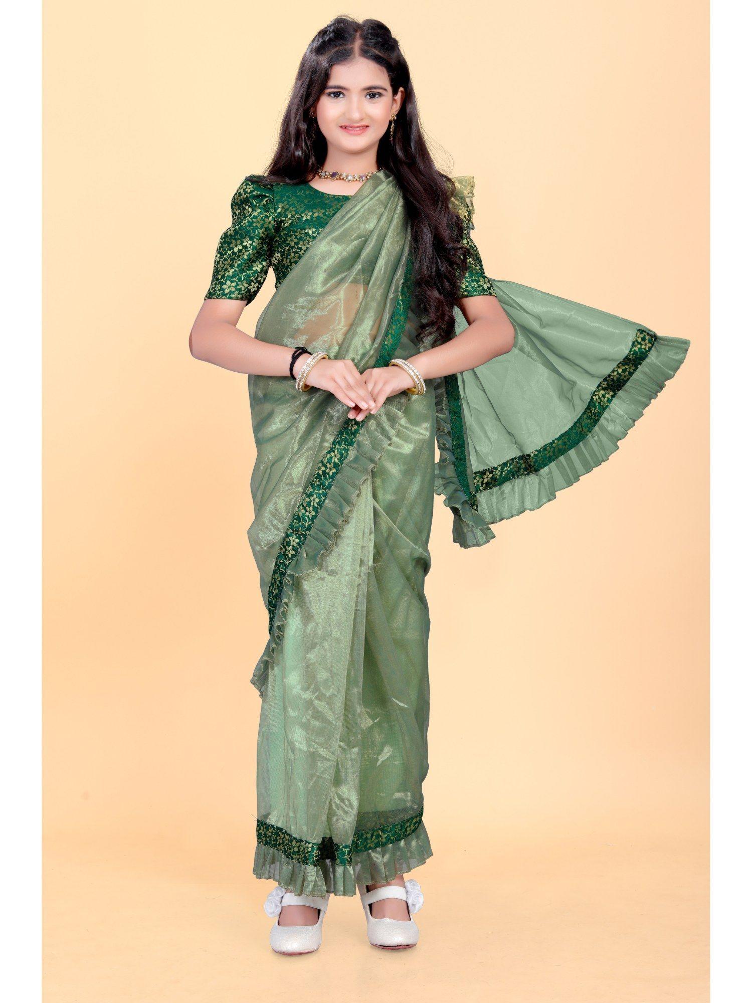 girls green net fabric pre-stitched saree with jacquard unstitched blouse