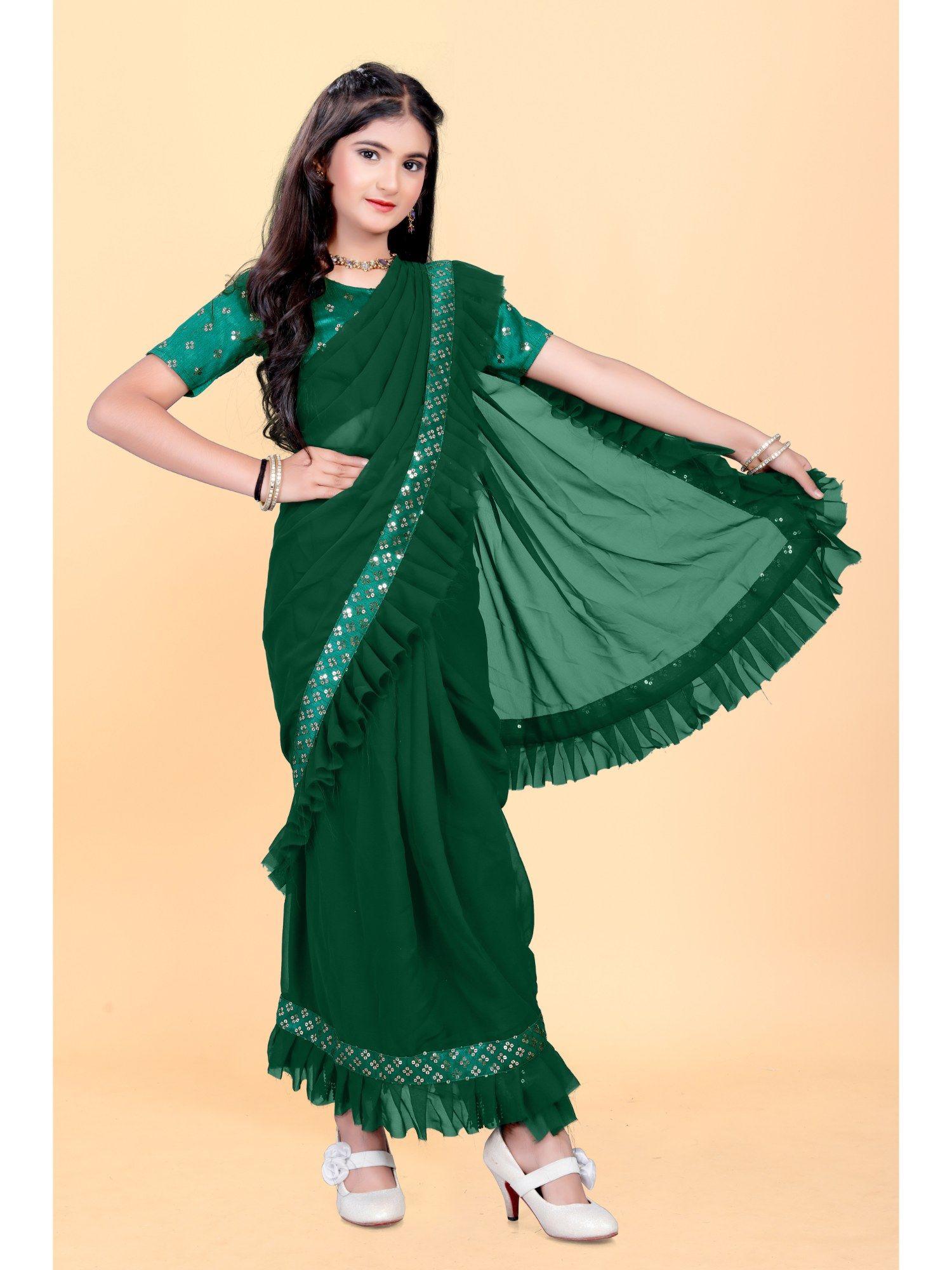 girls green pre-stitched saree with embellished unstitched blouse