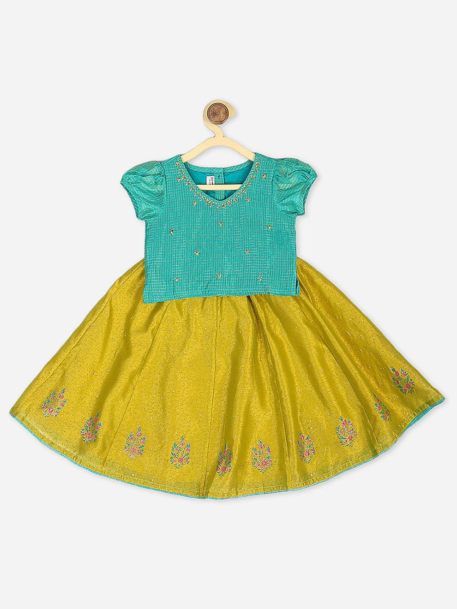 girls green printed lehenga set