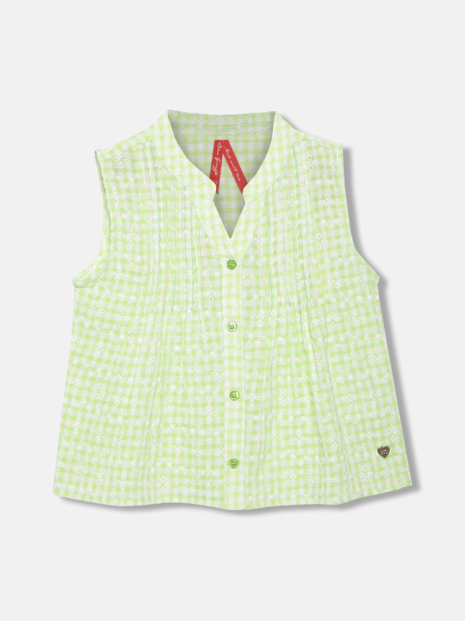 girls green printed mandarin collar sleeveless top