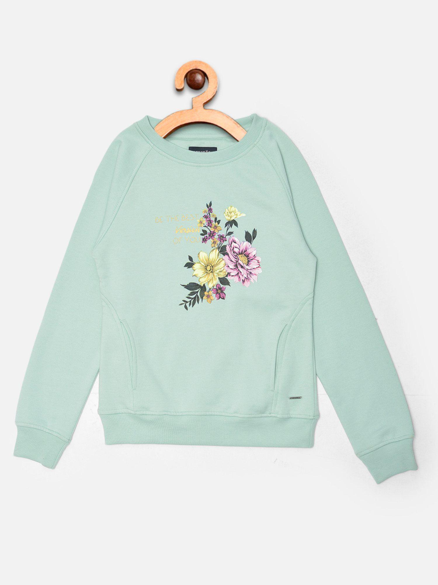 girls green printed round neck sweatshirt