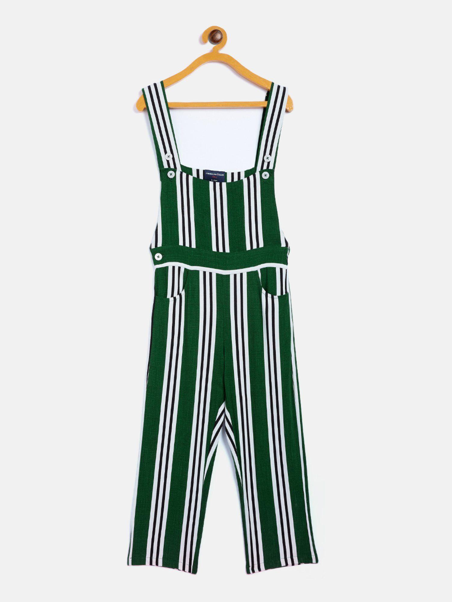 girls green striped shoulder straps jumpsuit