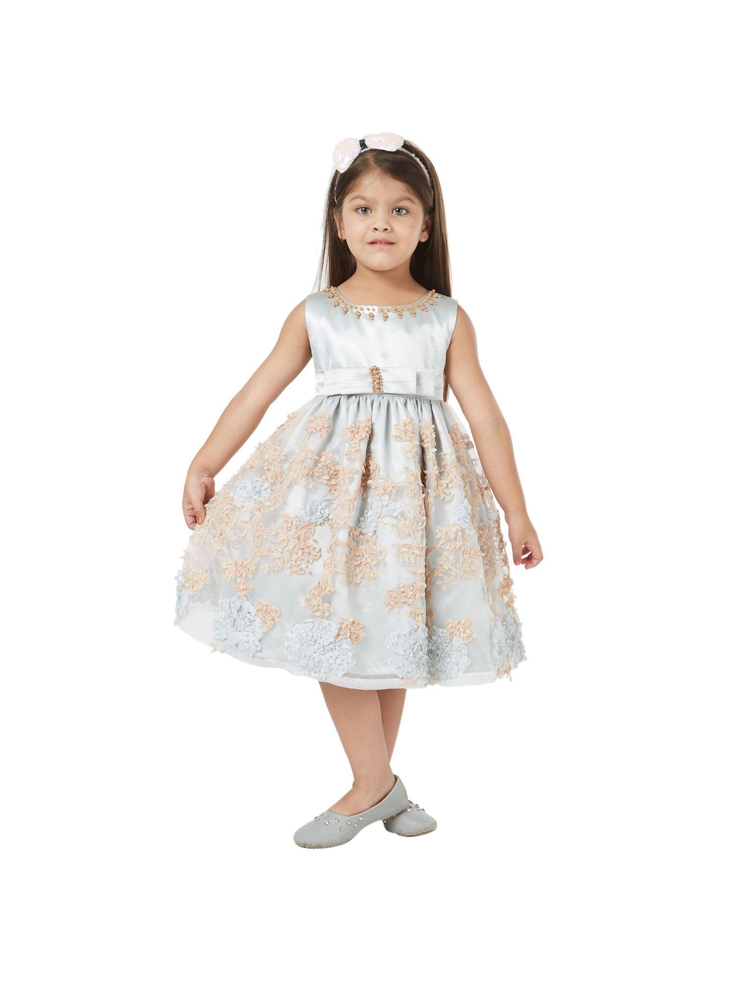girls grey fit & flare organza embroidered party dress