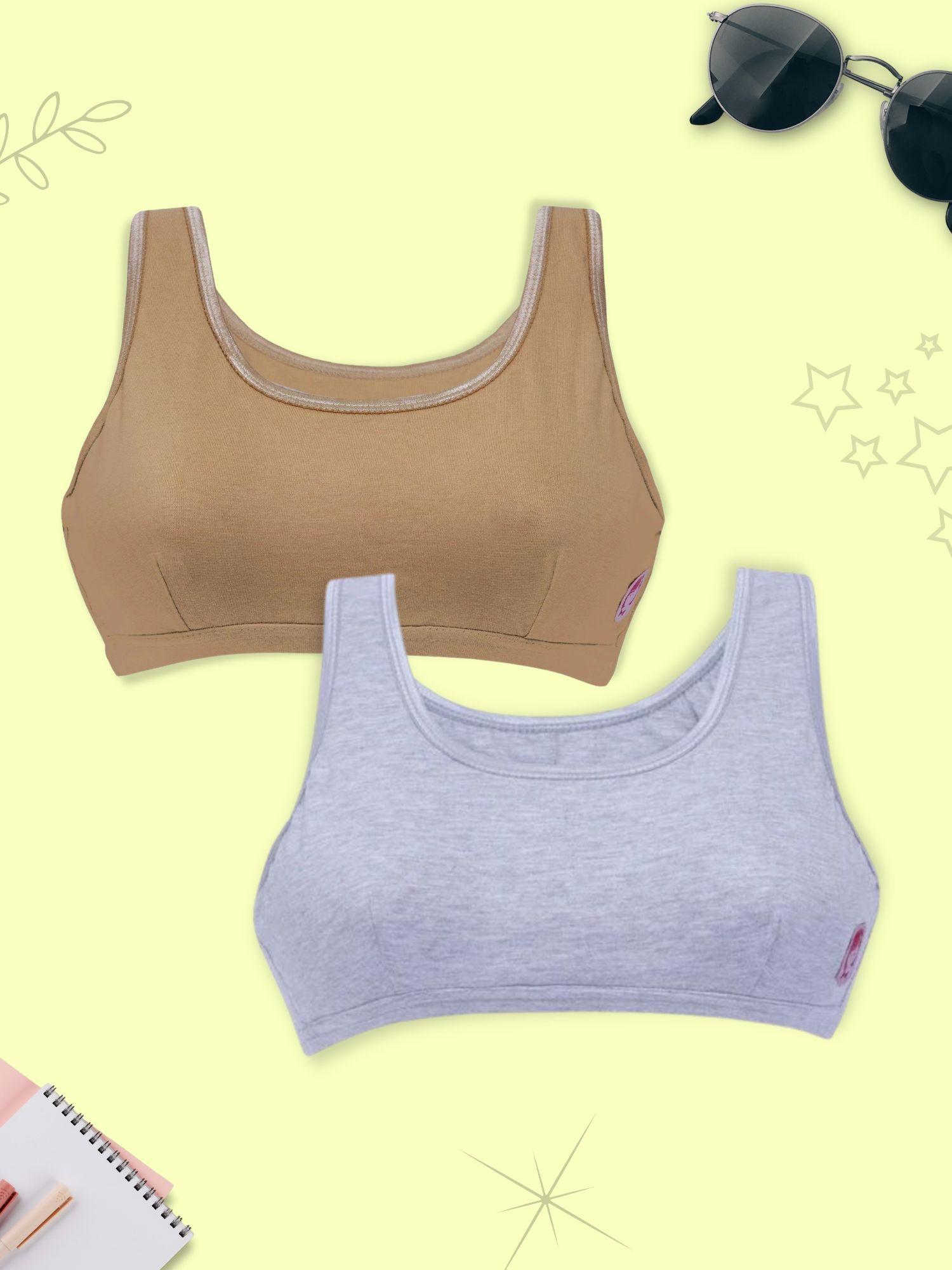 girls grey melange and skin non-padded cotton sports bra | pack of 2