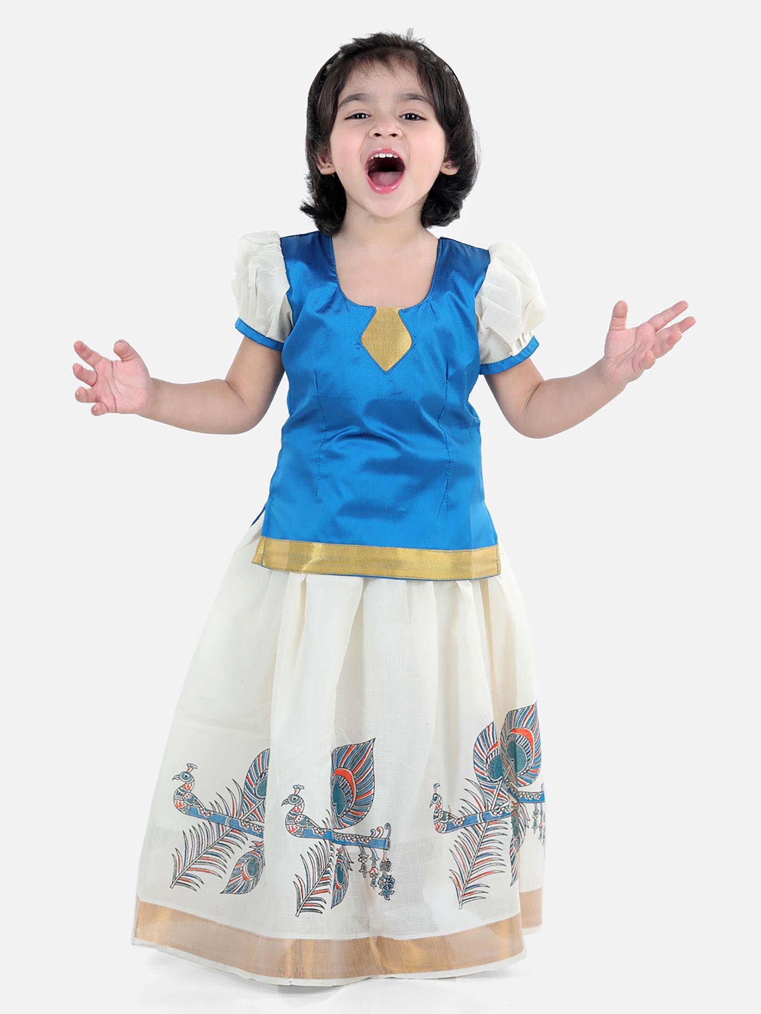 girls half sleeve south indian printed pavda pattu lehenga - blue (set of 2)