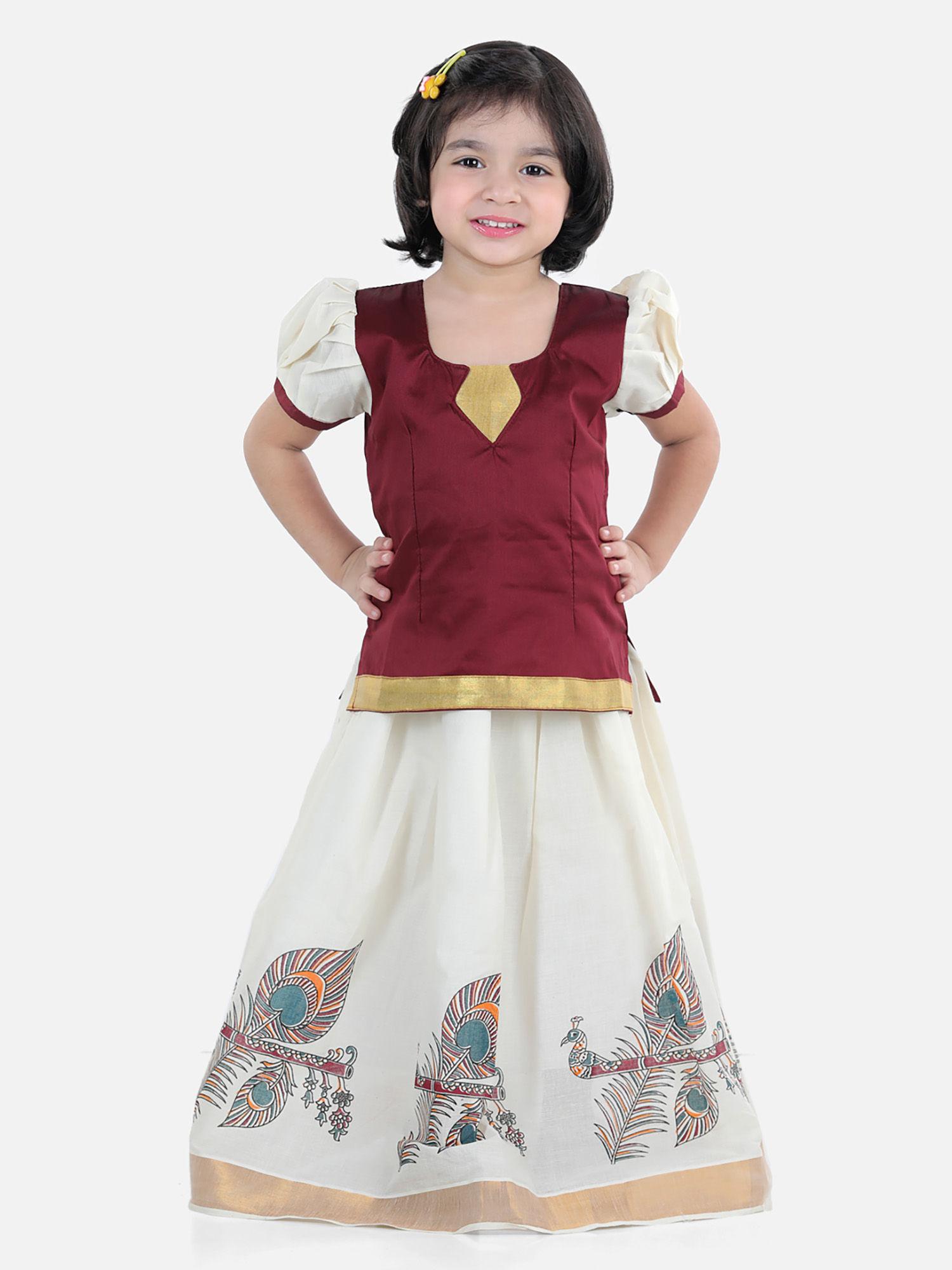 girls half sleeve south indian printed pavda pattu lehenga - maroon (set of 2)