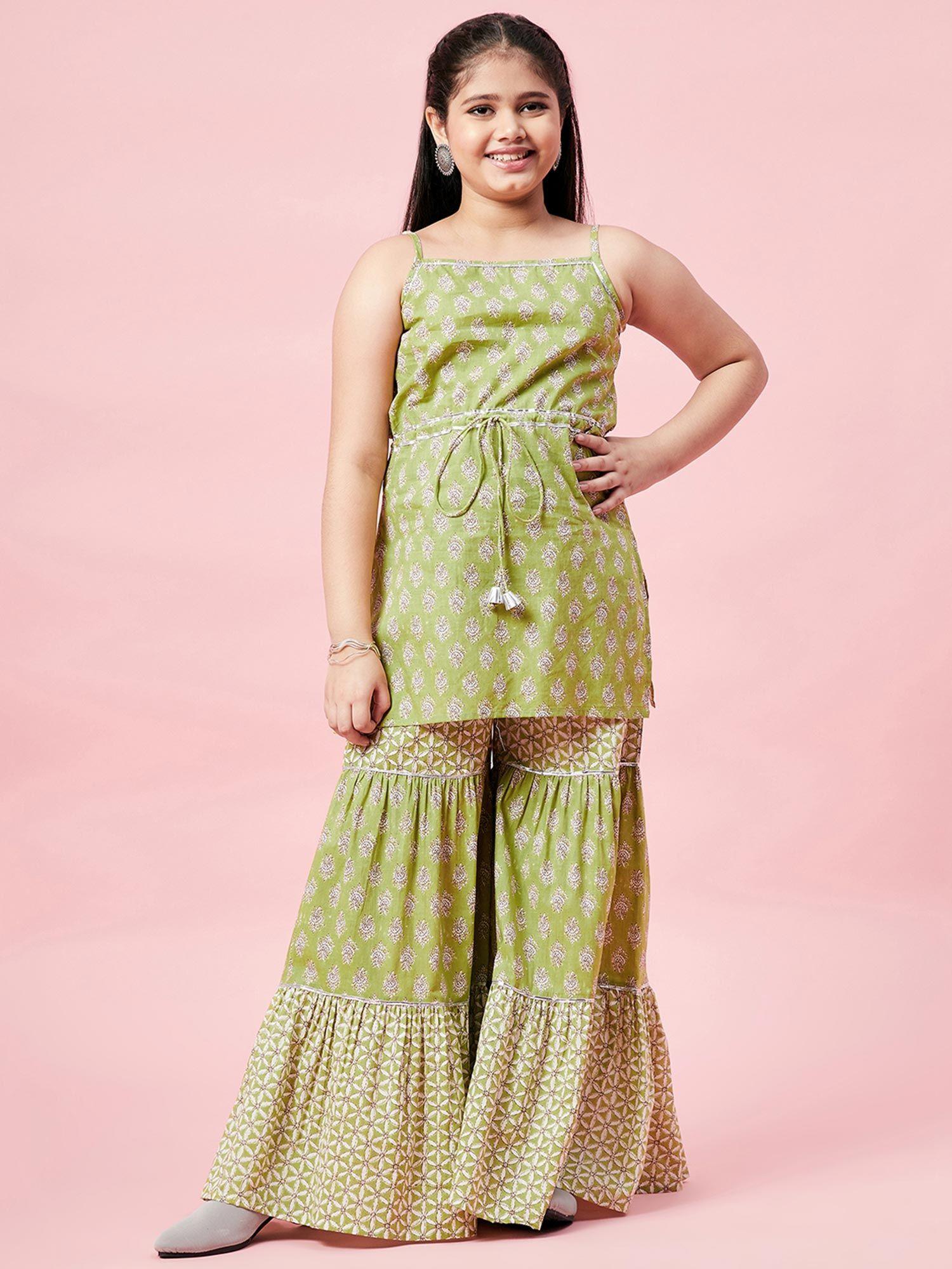 girls hand block printed layered ethnic wear kurta-green (set of 2)