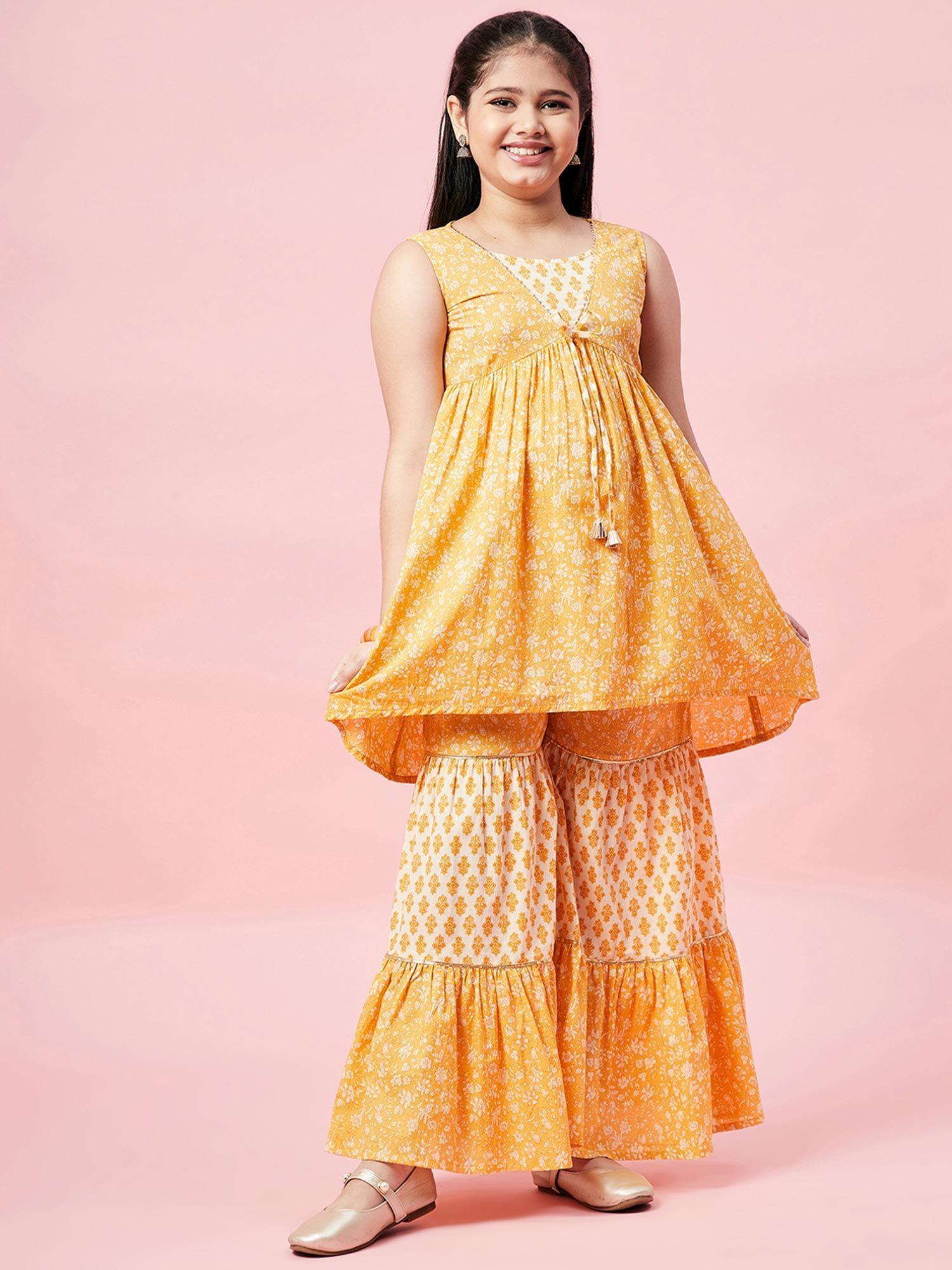 girls hand block printed layered ethnic wear kurta-yellow (set of 2)