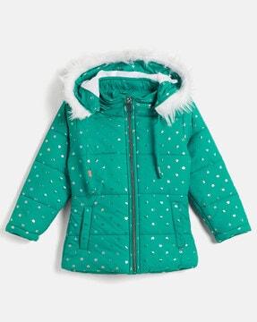 girls heart print parka jacket with detachable hood
