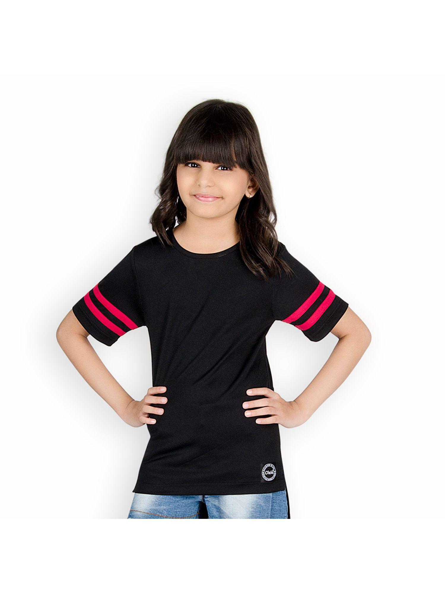 girls high low top with contrast sripe on sleeve
