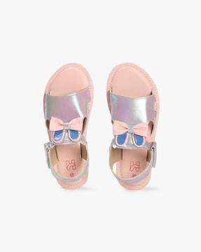 girls holographic sandals with bow accent