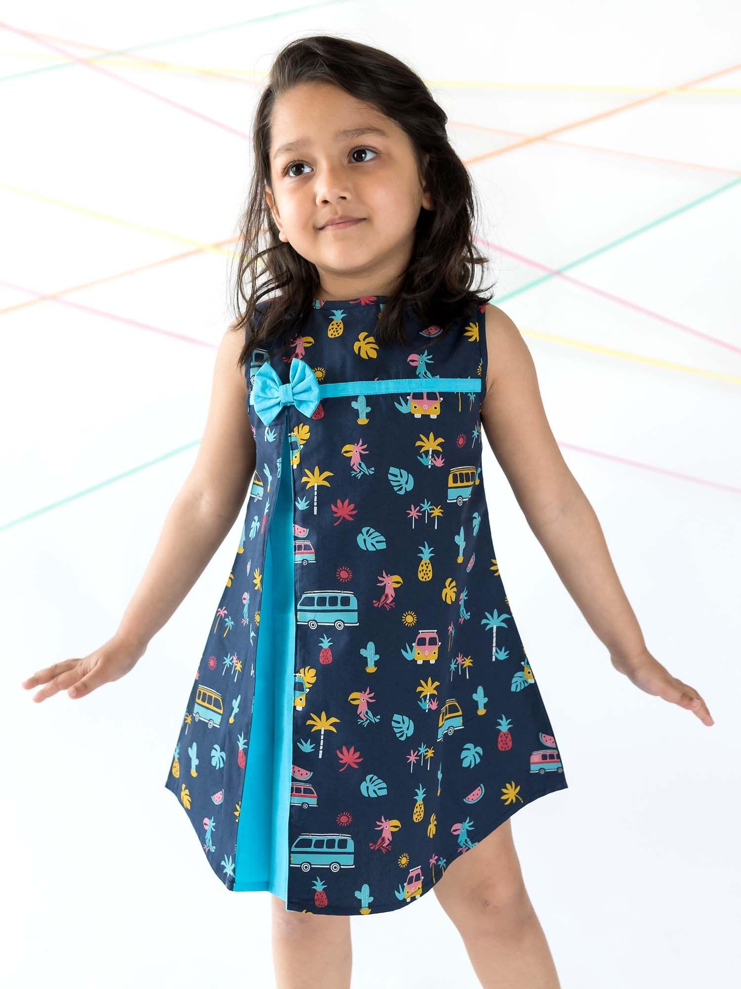 girls jackie front pleat dress - campervan print - navy