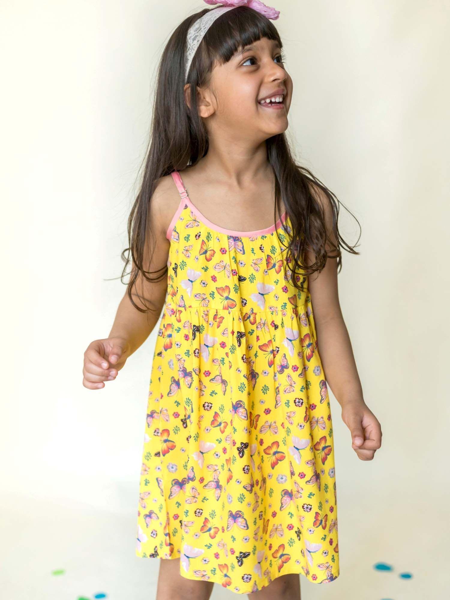 girls julia strappy dress - butterflies print - yellow