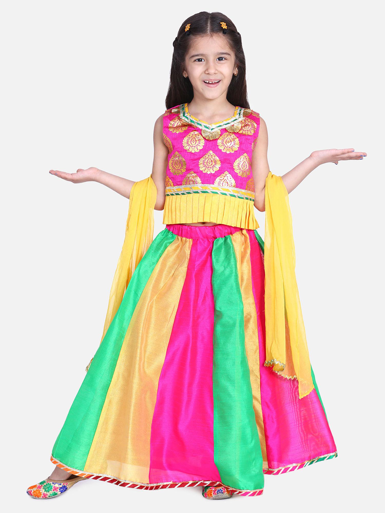 girls kali lehenga with sleeveless choli & dupatta pink (set of 3)