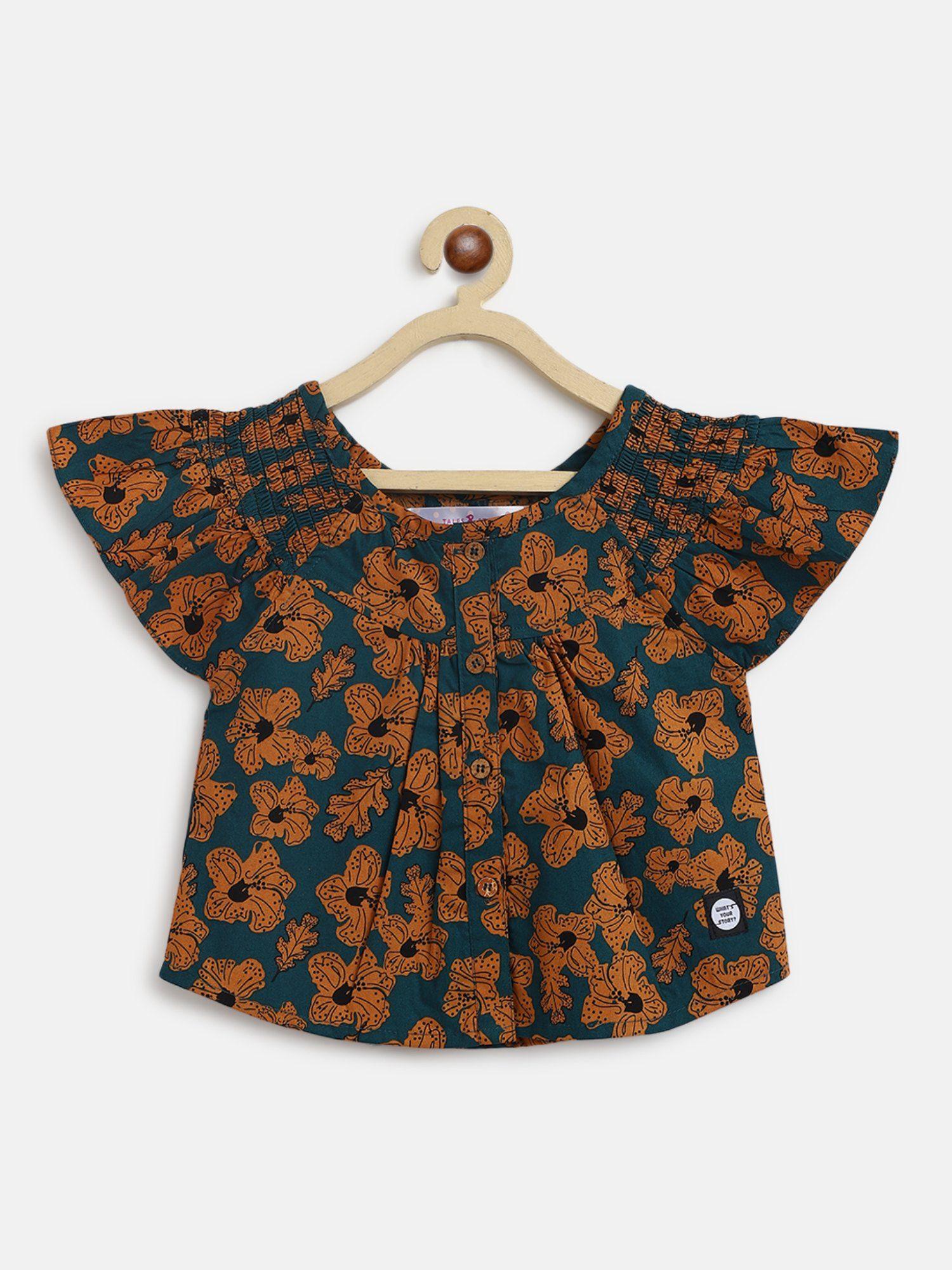 girls khaki cotton printed regular fit top