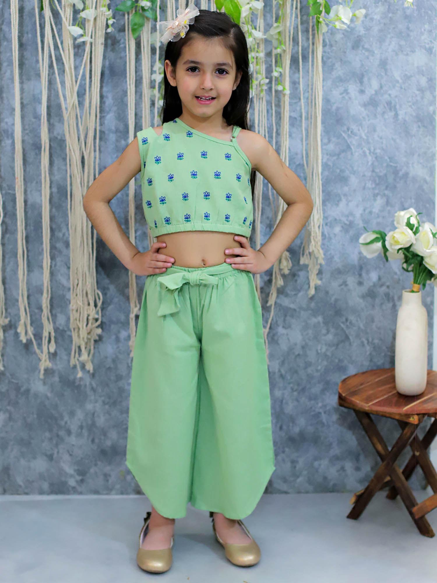 girls kids wear embroidered co-ord-green (set of 2)