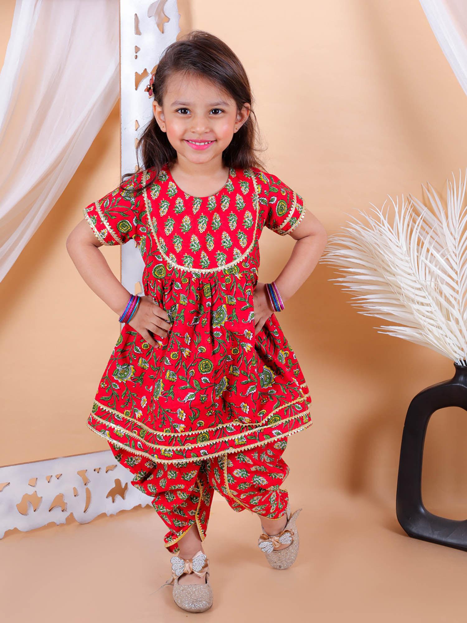 girls kids wear printed kurta with dhoti -red (set of 2)