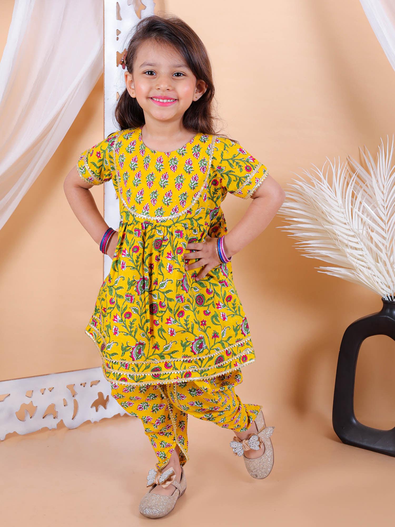 girls kids wear printed kurta with dhoti-yellow (set of 2)