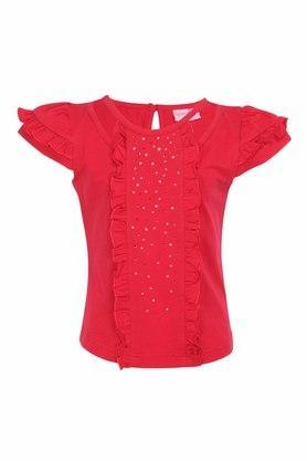 girls knit embellished red top - red