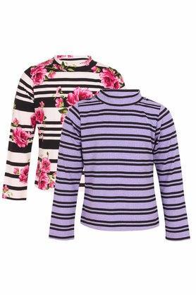girls knit floral printed & striped blue and black t-shirt - blue