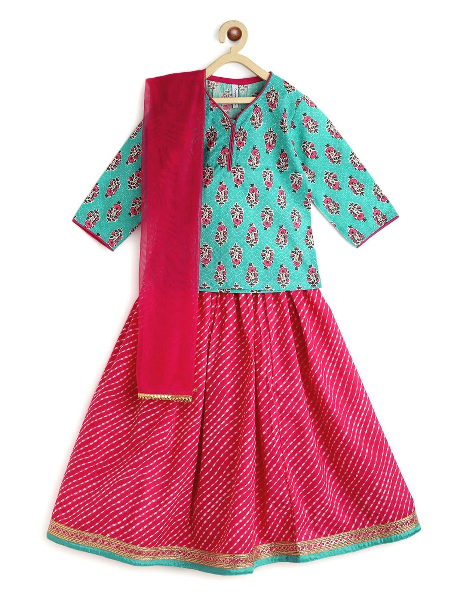 girls koel floral block print turquoise lehenga with choli & dupatta (set of 3)