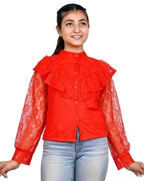 girls lace regular fit top with frilled cape overlay