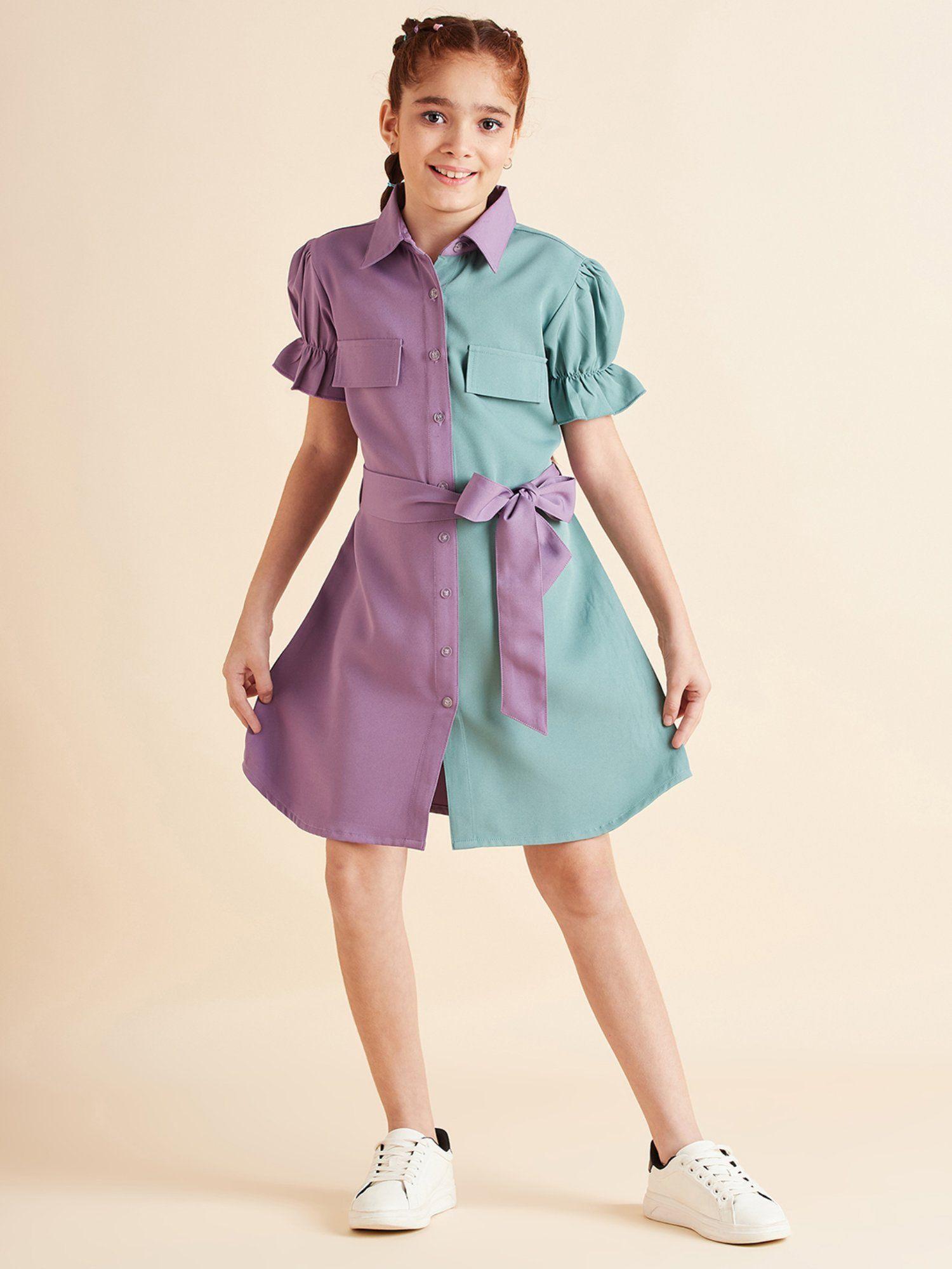 girls lavender & sea green shirt knee length dress with belt (set of 2)