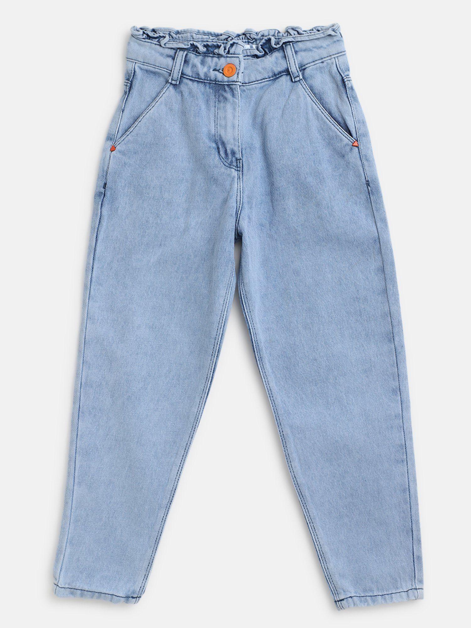 girls light blue 100% cotton slim fit solid jeans