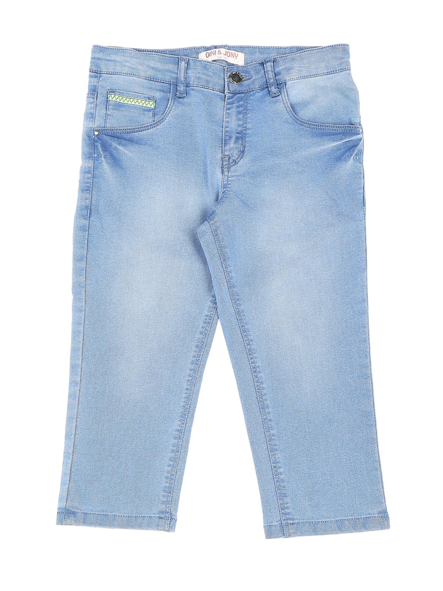 girls light blue denim washed fixed waist capri