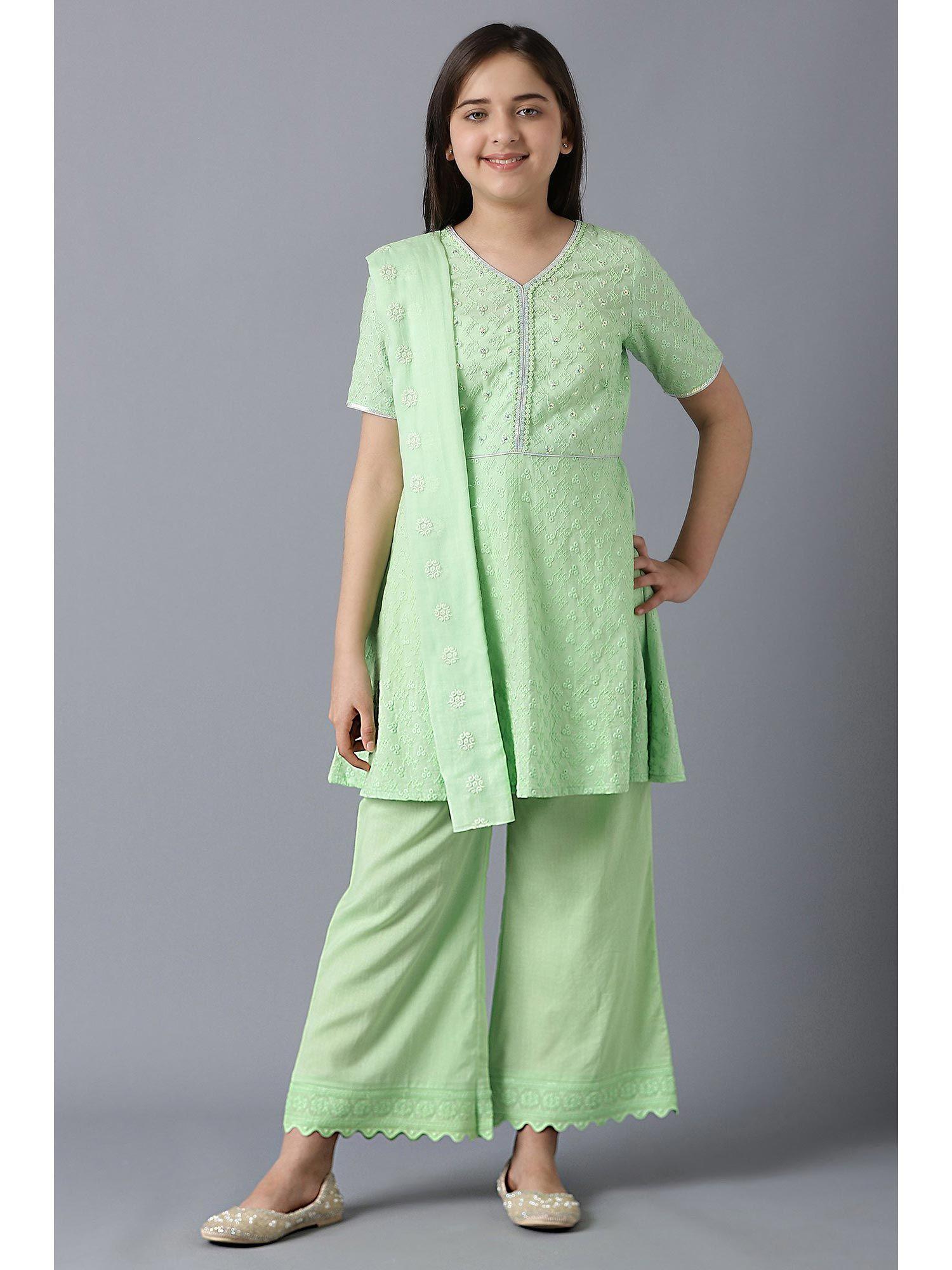 girls light green cotton schiffli kurta with pants and dupatta (set of 3)