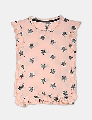 girls light pink glitter star print ruffle tank top