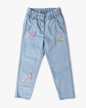 girls light-wash embroidered jeans