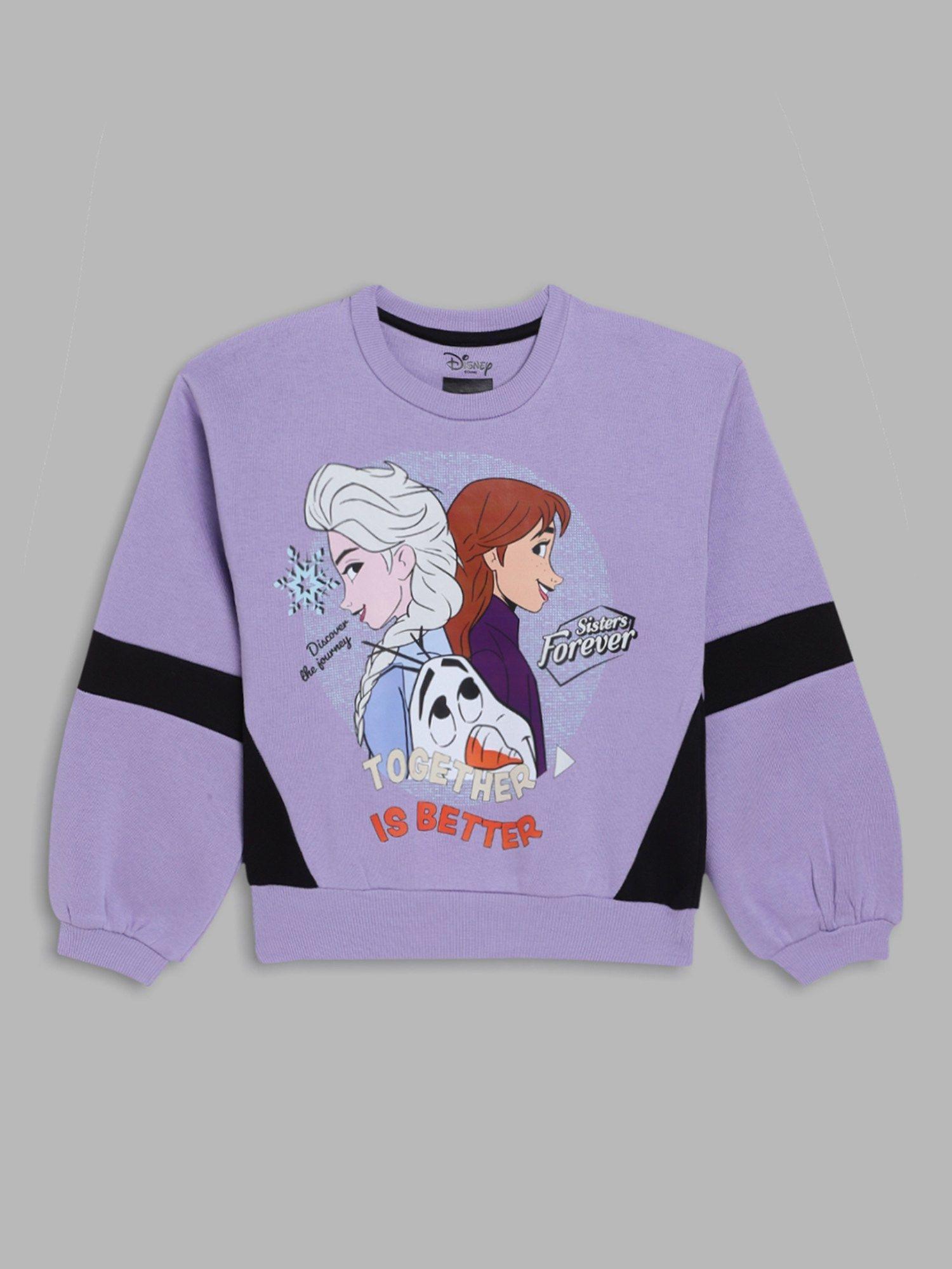 girls lilac cartoon graphic round neck full sleeves sweatshirt