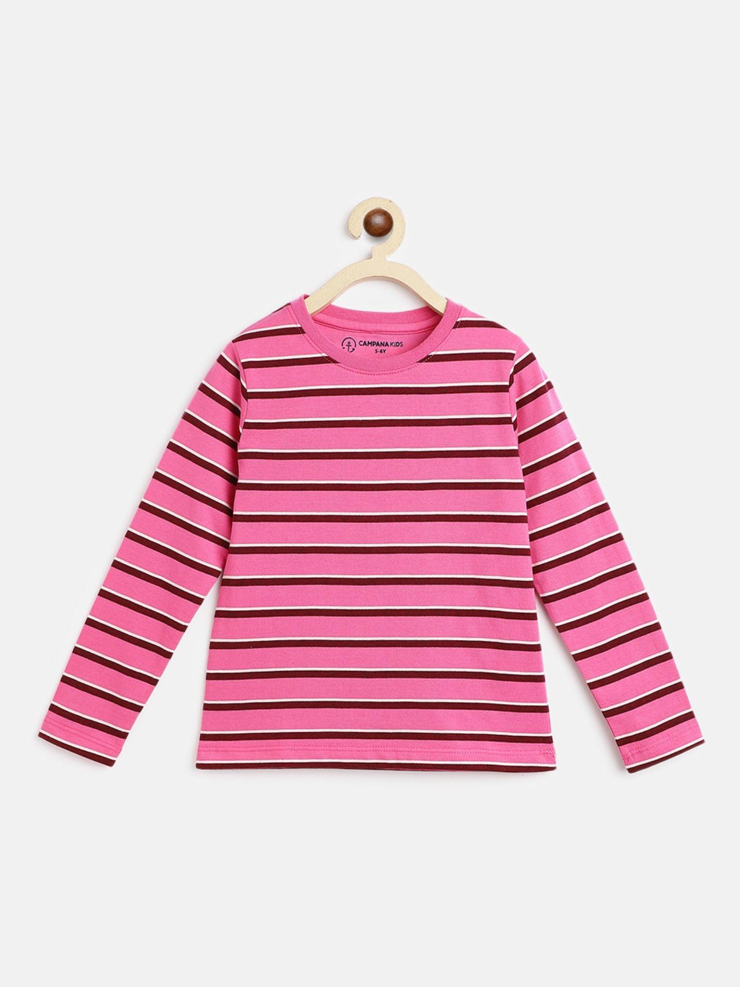 girls lily striped cotton long sleeves t-shirt - pink and burgundy