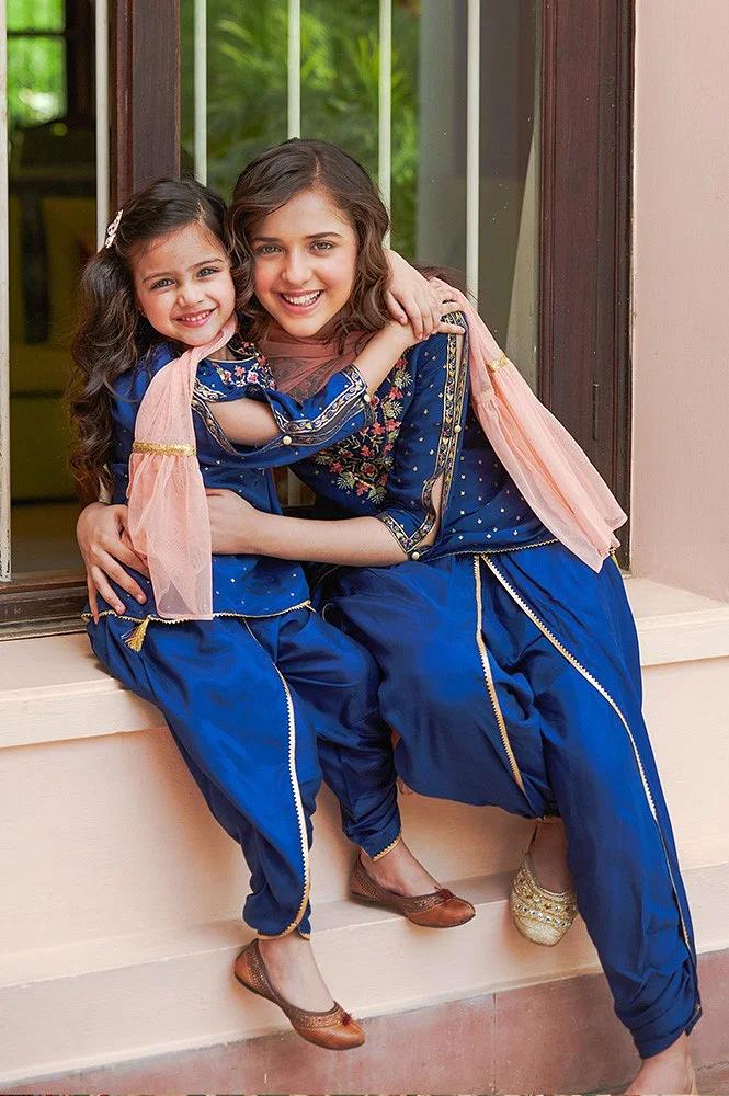 girls liva blue embroidered kurta with dhoti pants and peach dupatta
