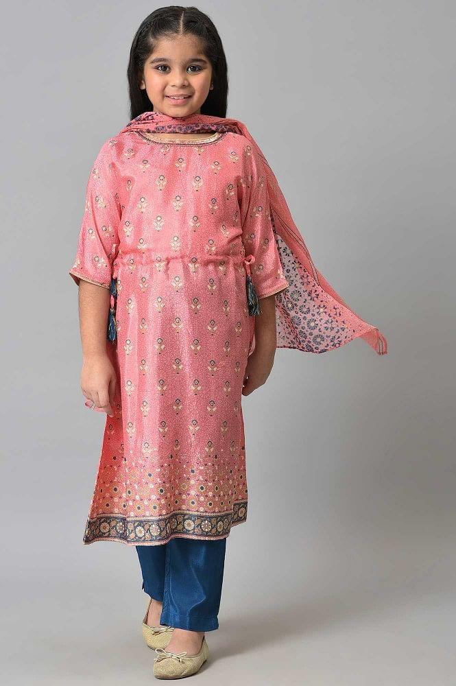 girls liva pink floral printed kurta with blue trousers and pink dupatta