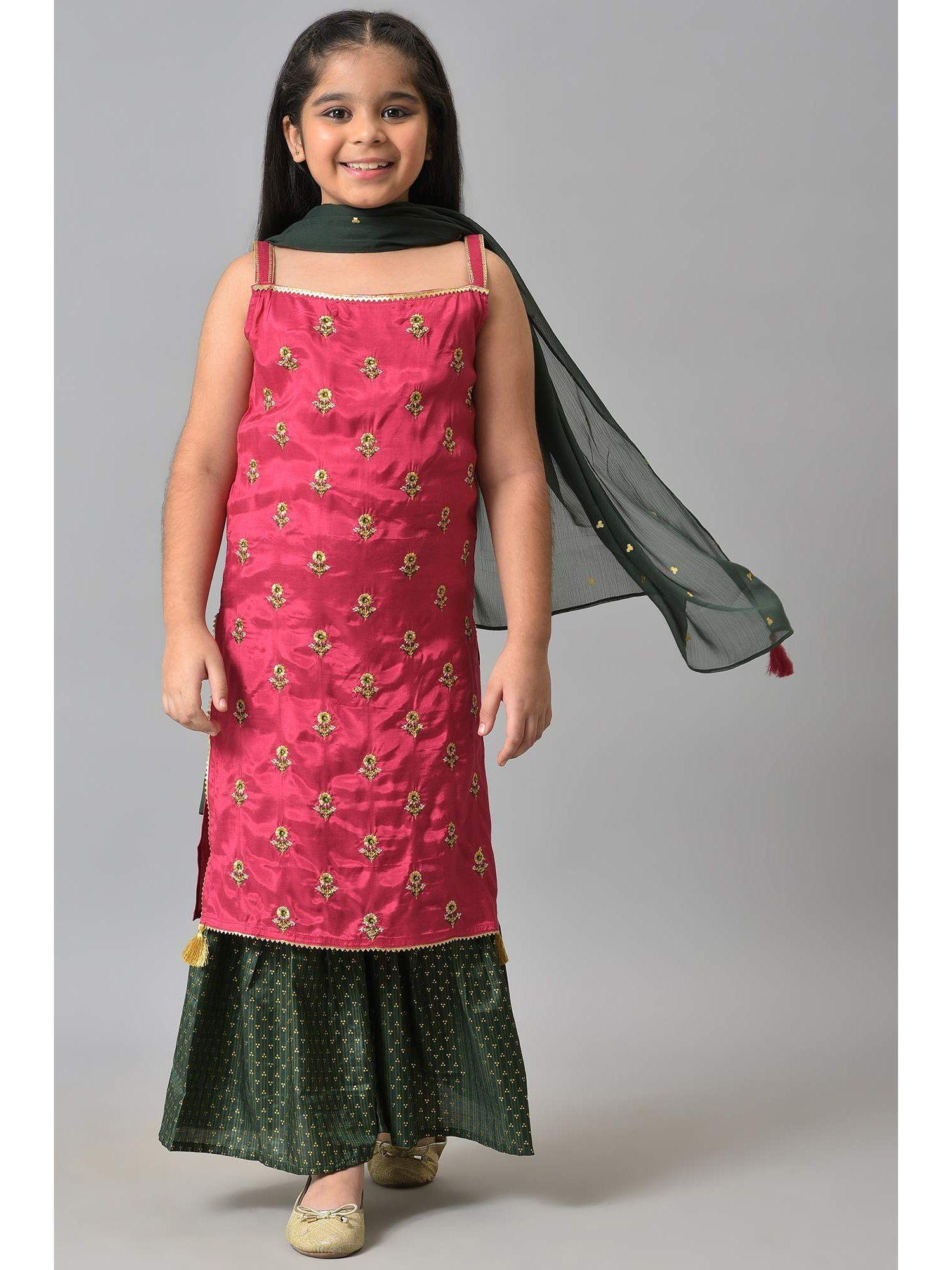 girls liva pink zari embroidered kurta with green sharara and dupatta (set of 3)