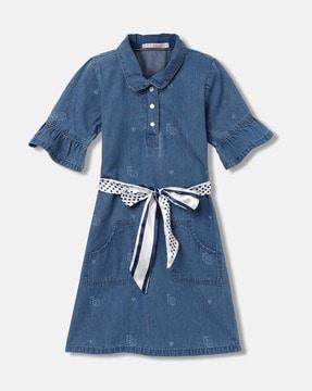 girls logo print a-line dress with tie-up belt