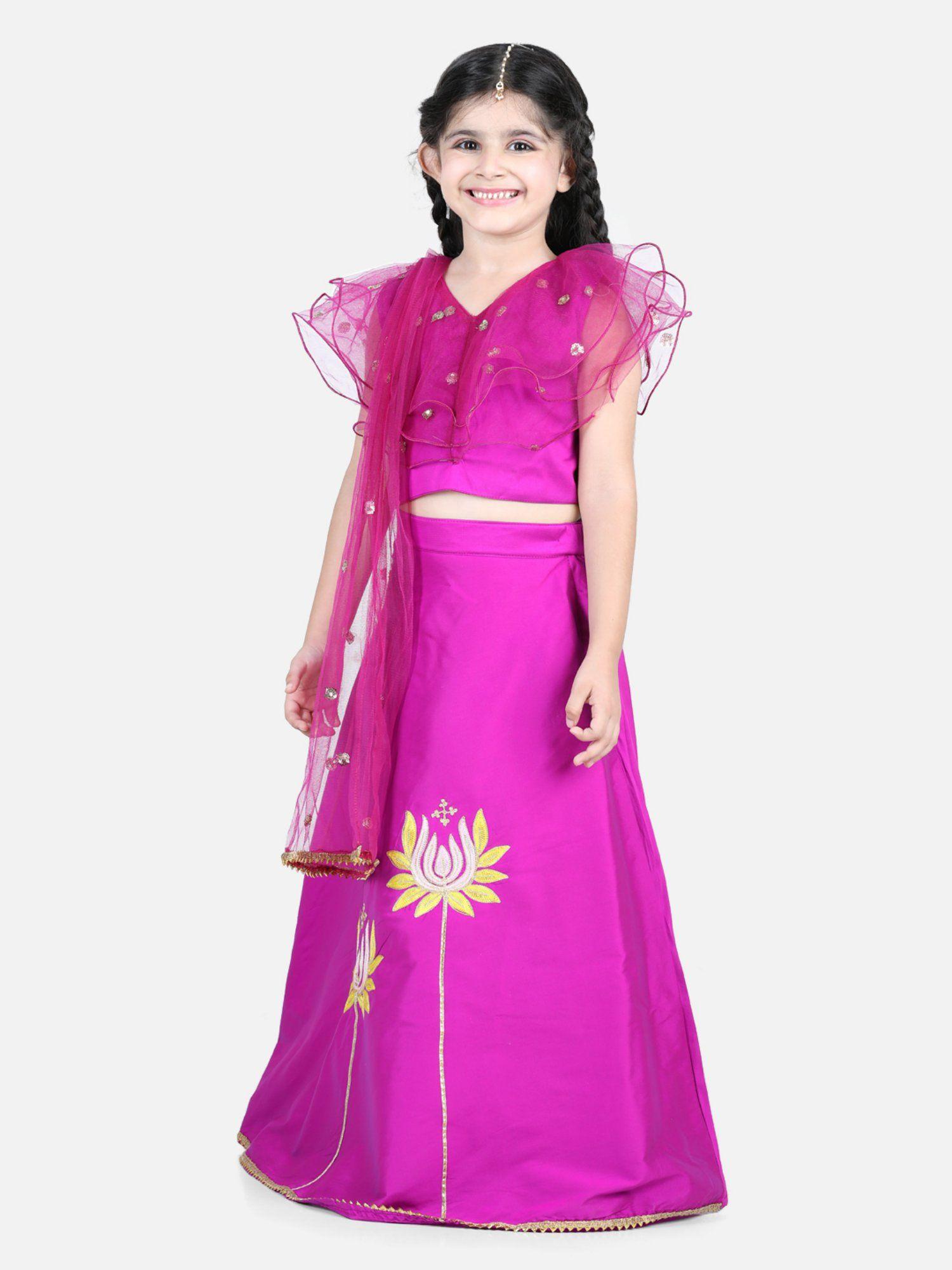 girls lotus embroidery lehenga with ruffle sequin top- pink (set of 3)