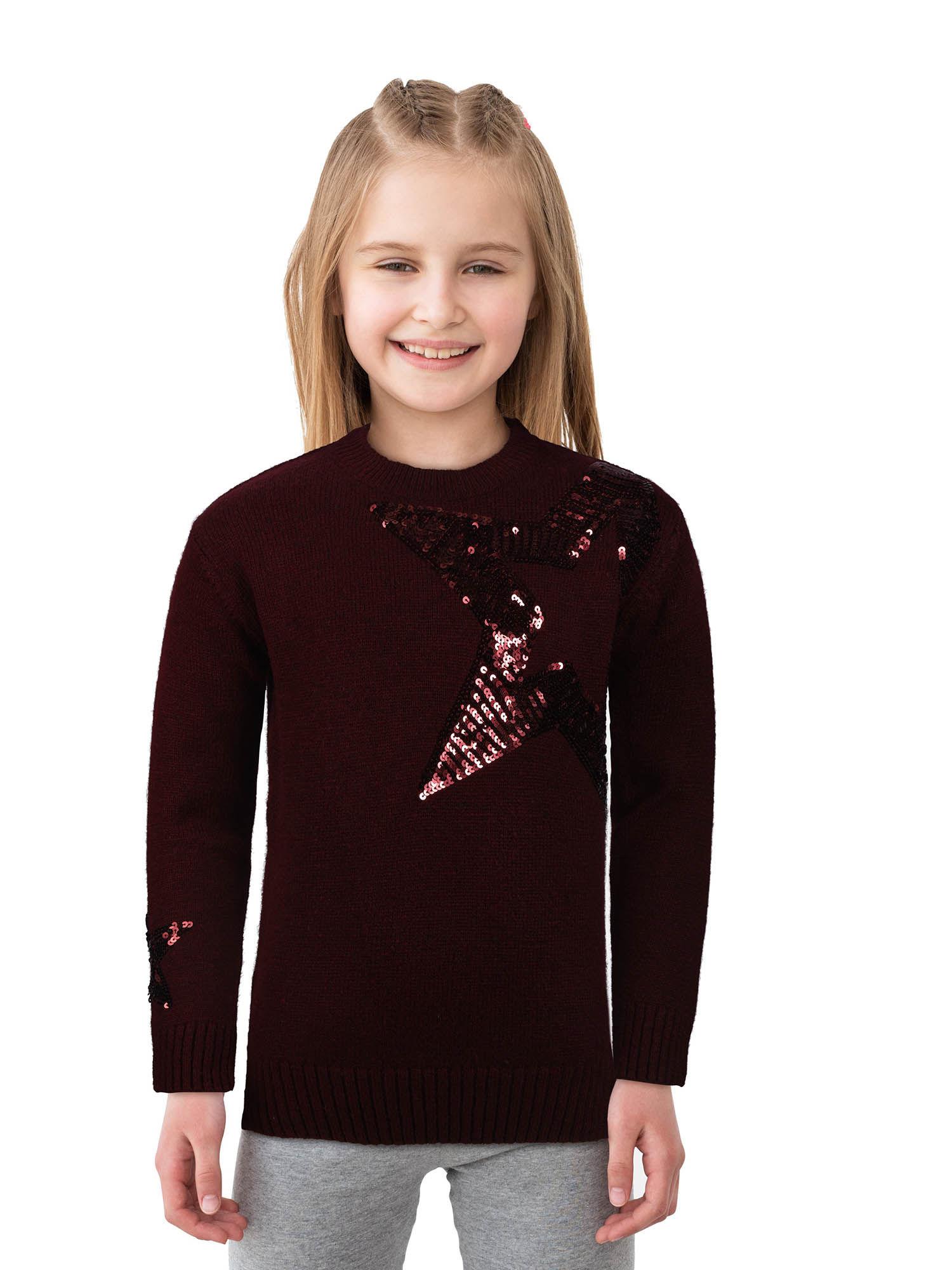 girls maroon cotton embellished sweater