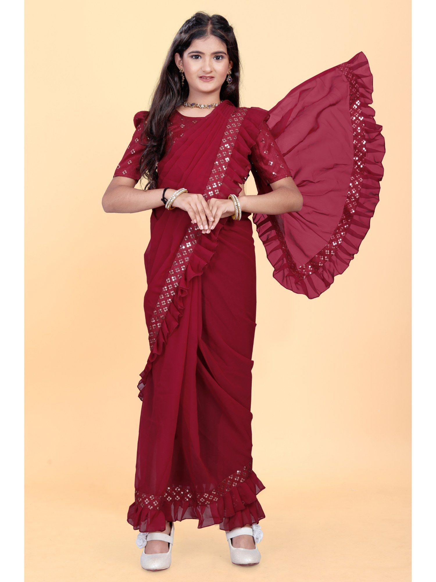 girls maroon pre-stitched saree with embellished unstitched blouse