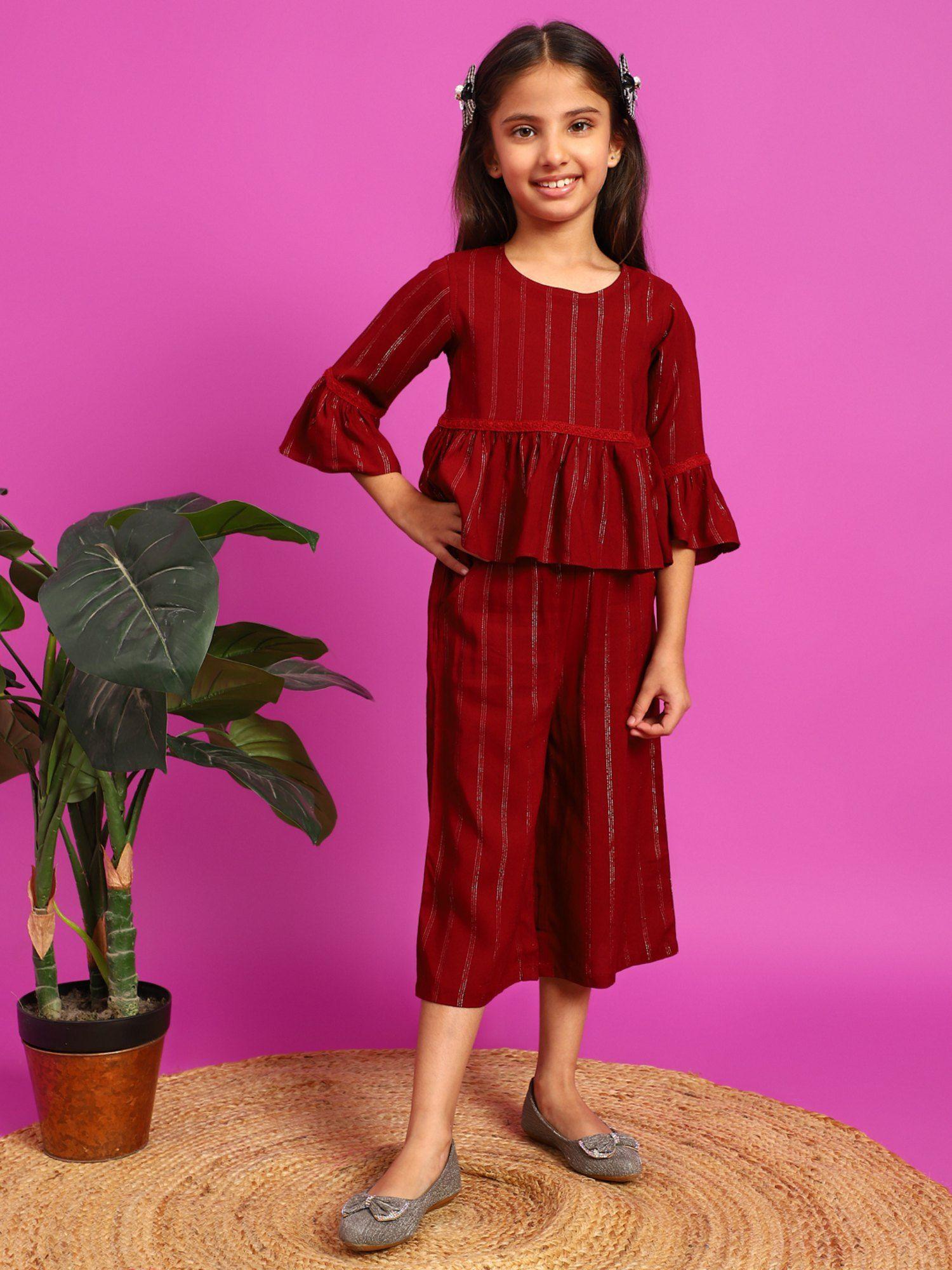 girls maroon rayon striped top and palazzo (set of 2)
