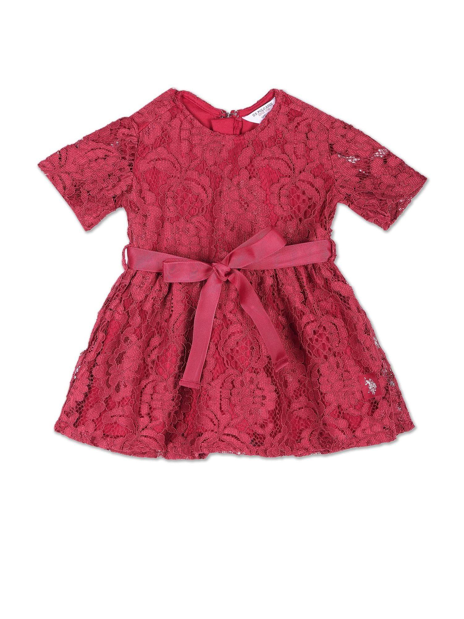 girls maroon round neck lace dress (set of 2)