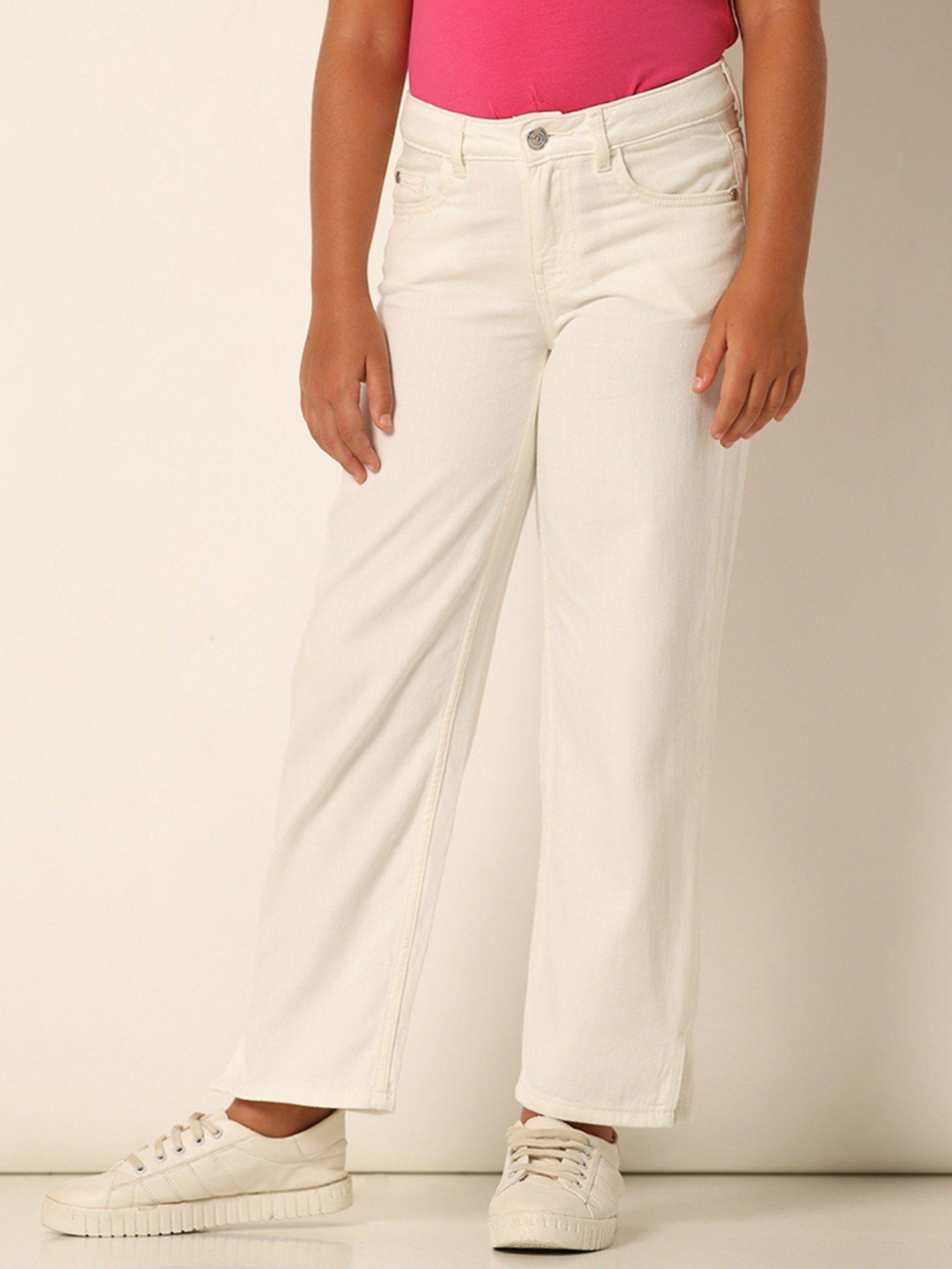 girls mid rise stretchable ankle length white wide leg jeans