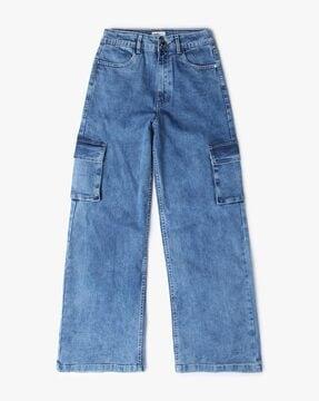 girls mid-wash utility wide leg jeans