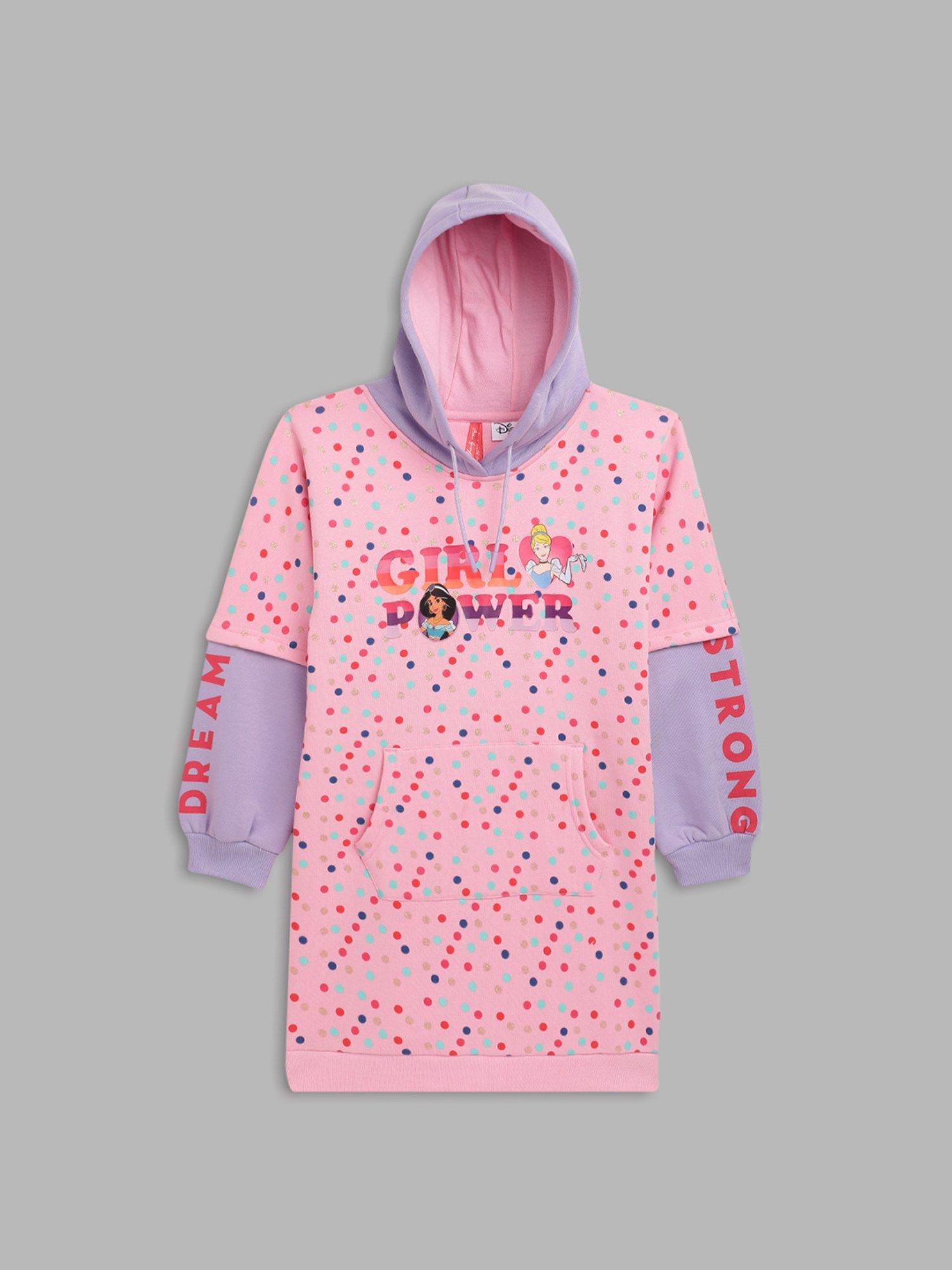 girls multi-color cotton graphic hooded sweat dress