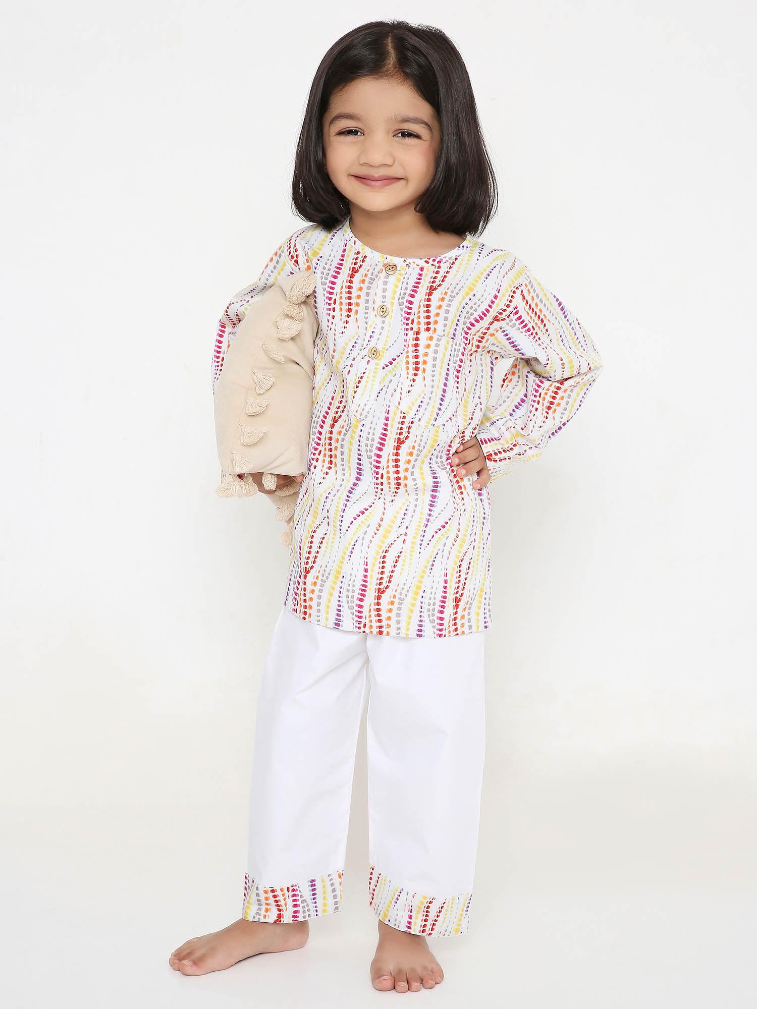 girls multi-color printed full sleeves top with pyjama (set of 2)