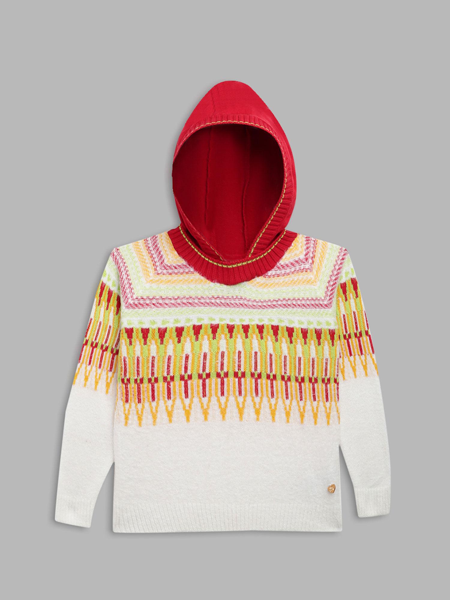 girls multi color printed hooded full sleeves sweater